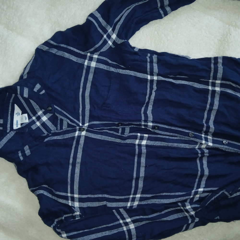 Navy Blue and White Plaid Button Down Shirt with Standard Collar